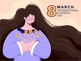 Beautiful woman with holding a bouquet to celebrating international women's day at 8 march. Festive International Women's day, Mother's Day flat illustration. Can be used for greeting card, post card, banner, poster. vector