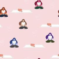 patrón sin fisuras con mujer haciendo meditación y lindo gato vector