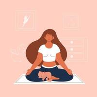 Woman doing meditation with her cute cat vector