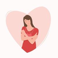 La mujer se ama a sí misma con el signo del corazón, ámate a ti mismo o concepto corporal vector