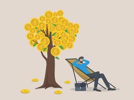 concepto de ingresos, salario y beneficios pasivos, un hombre se relaja esperando el dinero. vector