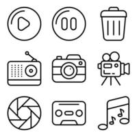 paquete de dispositivos e iconos lineales multimedia. vector