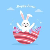 Happy Easter background with cute bunny popping out from broken egg vector