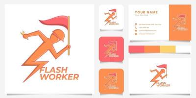 Flash Man Holding Flag and Wrench, and Wearing Helmet Logo with Business Card Template vector