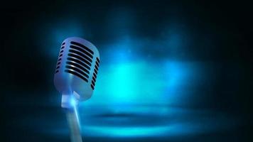 Single silver old school broadcast microphone on background with dark and blue empty scene. Poster with microphone and copy space vector