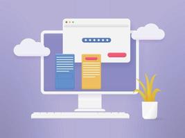 3D computer account login and password form page on screen. login authentication page concept. vector