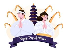 Illustration Bali Day of Silence or with Balinese people wearing traditional clothes. Greeting happy day of silence and Saka new year. Indonesian public holiday nyepi. vector