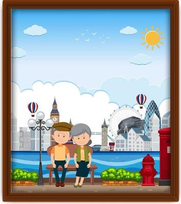 A picture frame with old couple travelling in London