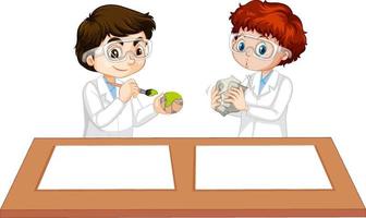 Two boys wearing scientist gown with empty paper on the table vector