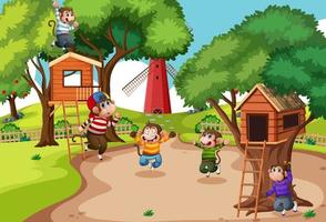 Five little monkeys jumping in the park playground scene vector