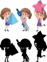 Set of a girl holding different math tools with silhouette vector