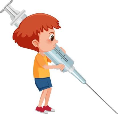 A boy holding vaccine syringe on white background