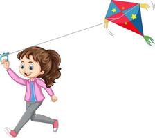 Girl playing kite isolated on white background vector