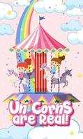 Unicorns are real font with kids playing carousel vector