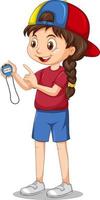 Happy girl standing and holding a timer vector