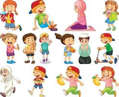 Los niños que realizan diferentes actividades conjunto de personajes de dibujos animados sobre fondo blanco. vector
