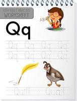 Alphabet tracing worksheet with letter Q and q vector