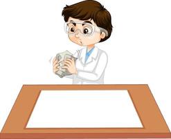 A boy wearing scientist gown with empty paper on the table vector