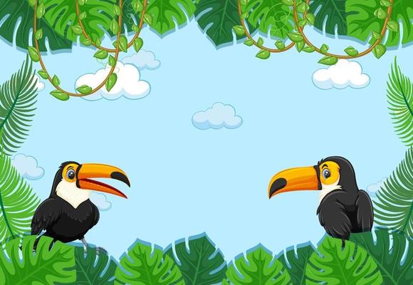 Empty banner with tropical leaves frame and toucan cartoon character