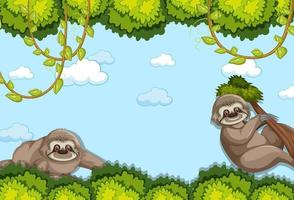 Sloth cartoon character in blank forest scene vector