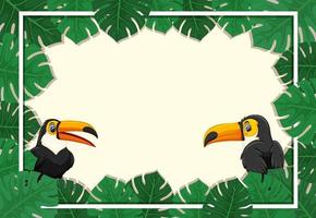 Empty banner with tropical leaves frame and toucan cartoon character vector