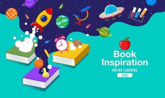 Book Inspiration, ideas coming out of books and into space, vector illustration.