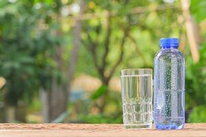 Botella y un vaso de agua potable en el fondo de la naturaleza foto