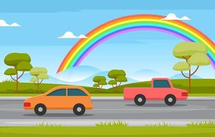 Mountain Road Rainbow Nature Landscape Scenery Illustration vector