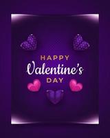 Valentine's day greeting card or poster with 3d heart and glowing flare on dark background. Romantic background with 3d decorative objects. Vector illustration