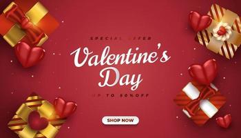 Valentine's day sale banner with realistic gift boxes and 3d hearts on red gradient background. Horizontal poster, greeting card, banner for website. Promotion and shopping template for Valentines day vector