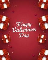 Happy Valentine's Day greeting card with 3d gift boxes and hearts spread on red background. Romantic background with 3d decorative objects. Vector illustration