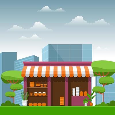 Healthy Fruit Vegetable Store Stall Stand Grocery in City Illustration