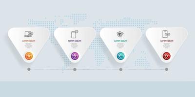 Infografía de línea de tiempo horizontal abstracta 4 pasos con mapa del mundo para negocios y presentación vector