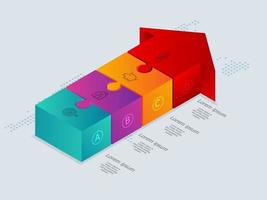 Infografía de línea de tiempo isométrica de flecha abstracta 4 pasos con mapa del mundo para negocios y presentación vector