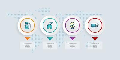 Infografía de línea de tiempo horizontal abstracta 4 pasos con mapa del mundo para negocios y presentación vector