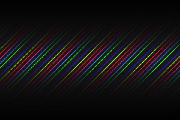 Black abstract background with blue, red, pink, green and yellow neon lines. Simple modern vector illustration