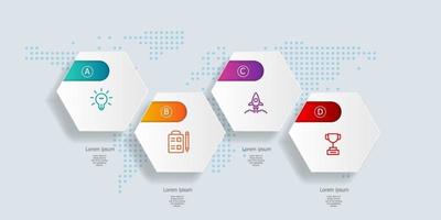 Resumen infografía de línea de tiempo hexagonal horizontal 4 pasos con mapa del mundo para negocios y presentación vector