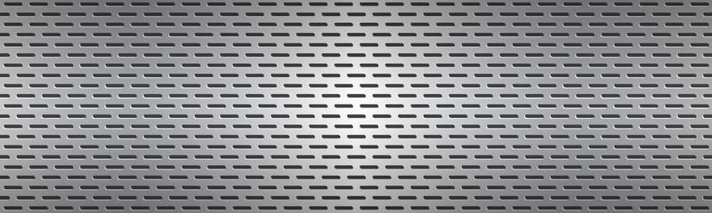 Structured silver perforated metal texture header. Aluminium grating. Abstract metallic banner. Vector illustration