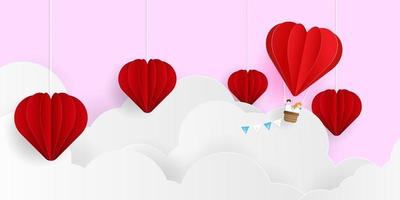 Fondo abstracto del día de San Valentín, pareja con globo en forma de corazón volando en arte de papel de nube vector