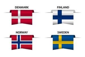 conjunto de cuatro cintas danesas, finlandesas, noruegas y suecas. fabricado en dinamarca, fabricado en finlandia, fabricado en noruega y fabricado en suecia pegatinas y etiquetas. vector iconos simples con banderas