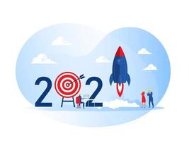 2021 happy new year,People launch spaceship rocket business project start up cocept vector illustrator