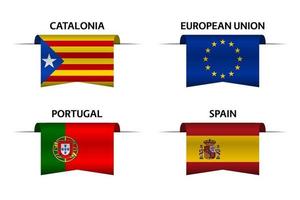 Set of four Catalonia, European Union, Portuguese and Spanish ribbons. Made in Catalonia, Made in European Union, Made in Portugal and Made in Spain stickers and labels. Vector simple icons with flags