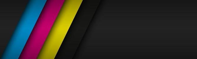 Black modern header with overlapped layers with cmyk colors. Banner for your business. Vector abstract widescreen background