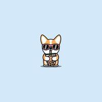 Cute welsh corgi dog with sunglasses drinking bubble tea cartoon, vector illustration