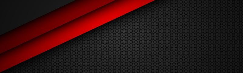 Abstact red line vector header with octagonal mesh. Overlap layers on black banner with hexagonal pattern. Modern vector background