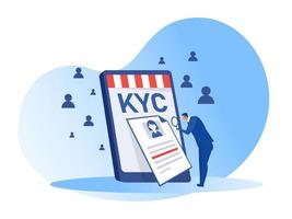 kyc o conozca a su cliente con el negocio verificando la identidad del concepto de sus clientes en los futuros socios a través de un ilustrador de vectores de lupa