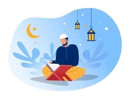 El hombre está leyendo al Corán en la noche del día de Ramadán en el ilustrador de vectores de fondo azul.