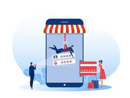 Hacker stealing money from credit card on shop mobile . Flat vector illustration. Crime, banking, security problem concept