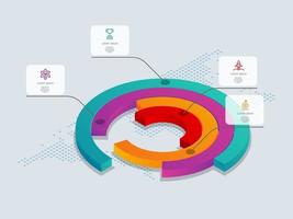 Infografía de línea de tiempo isométrica de círculo abstracto 4 pasos con mapa del mundo vector