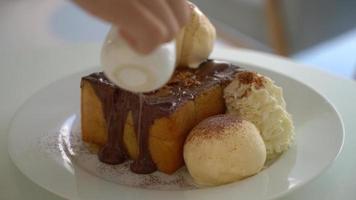 Honey toast with vanilla ice cream and chocolate